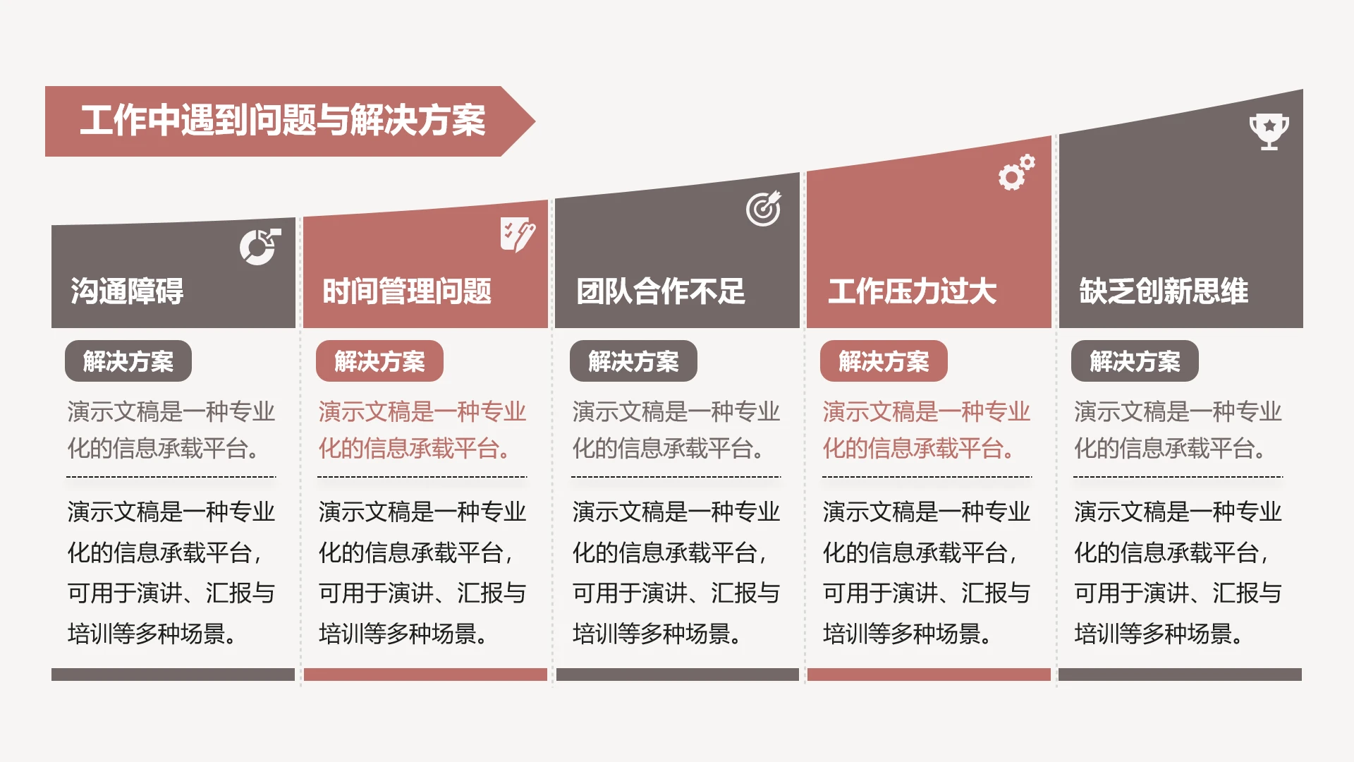 单页五项工作中问题与解决方案PPT模板