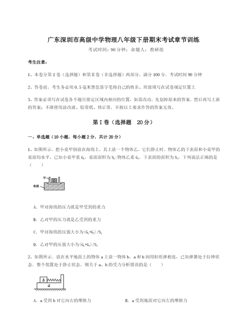 专题对点练习广东深圳市高级中学物理八年级下册期末考试章节训练练习题（解析版）.docx