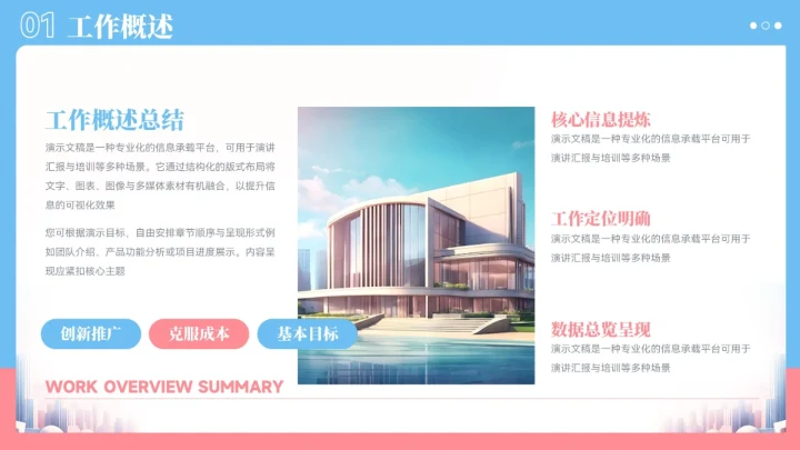 蓝粉色城市建筑风工作总结汇报PPT模板