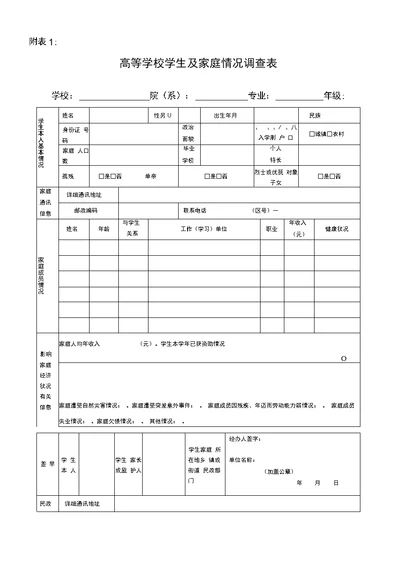 贫困生申请表格