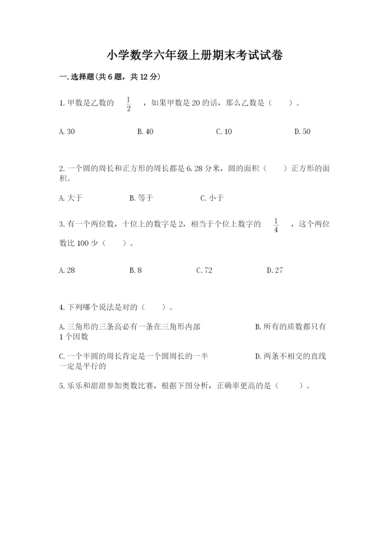 小学数学六年级上册期末考试试卷及参考答案（达标题）.docx