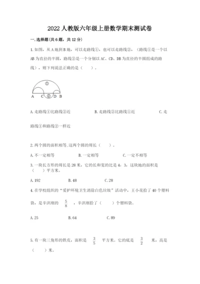 2022人教版六年级上册数学期末测试卷附参考答案【培优】.docx