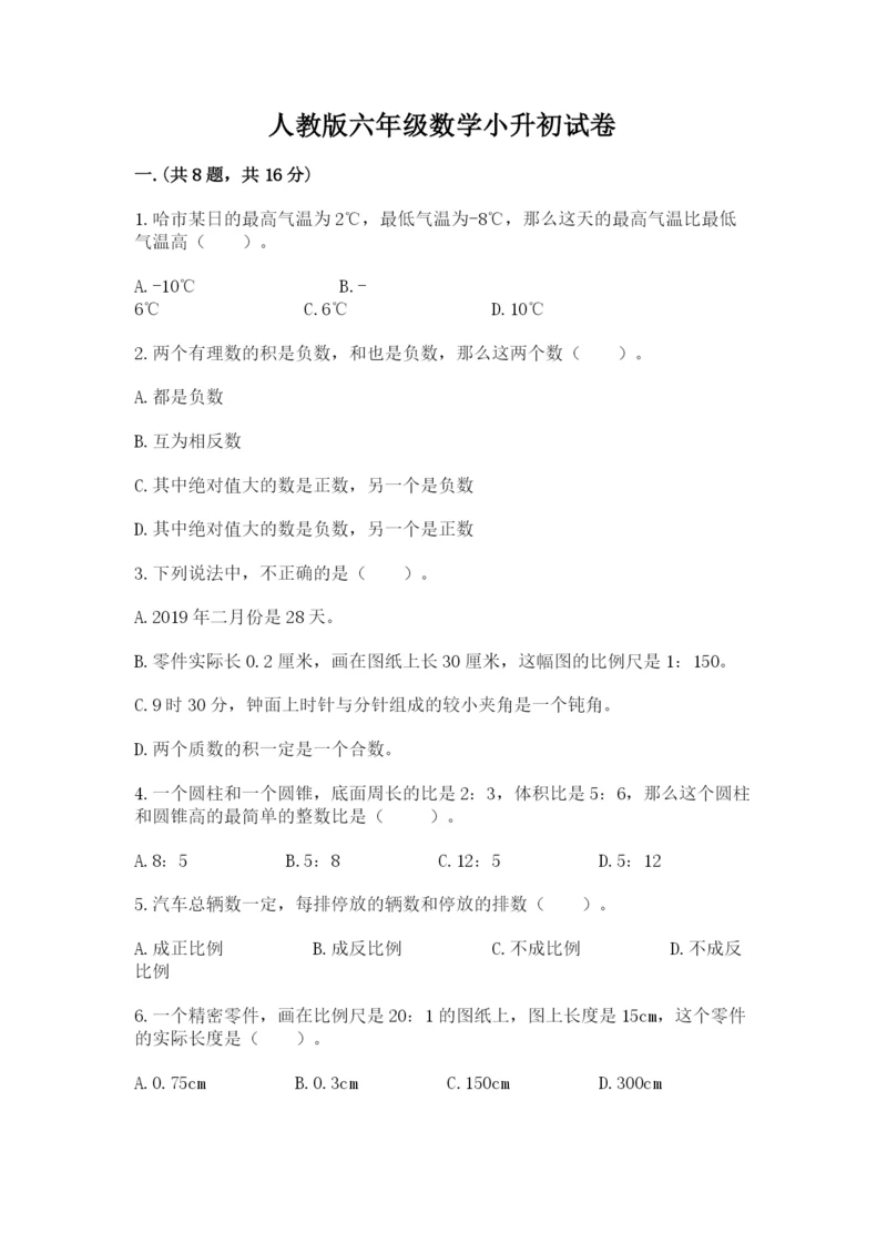 人教版六年级数学小升初试卷（考点精练）.docx