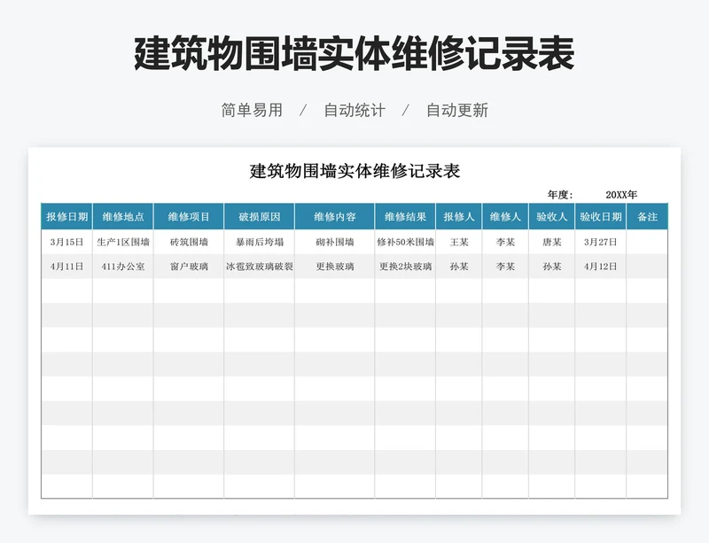 建筑物围墙实体维修记录表