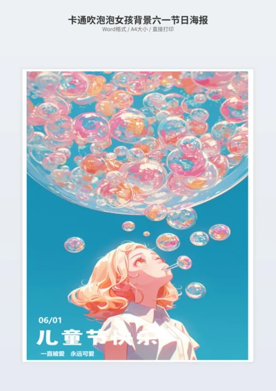 卡通吹泡泡女孩背景六一节日海报