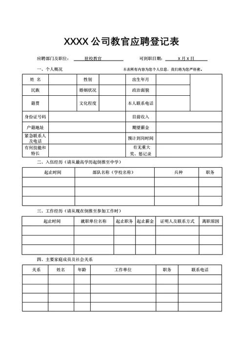 教官应聘招聘登记表