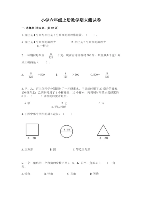 小学六年级上册数学期末测试卷含答案【精练】.docx