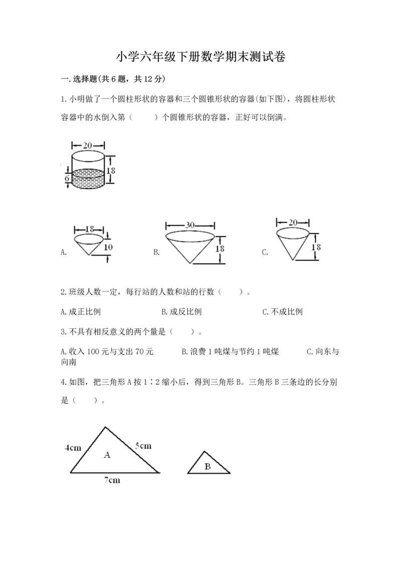 小学六年级下册数学期末测试卷（全优）word版.docx