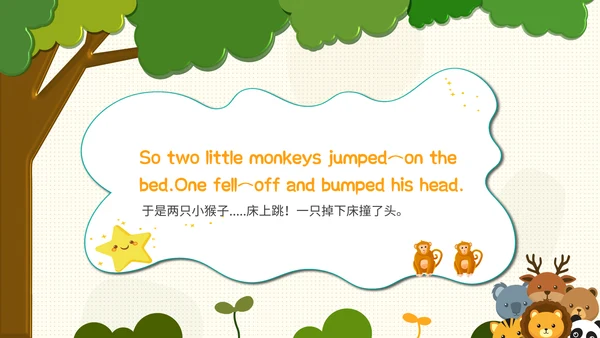 橙色卡通插画风翻页五只猴子英文绘本分享PPT模板英语绘本
