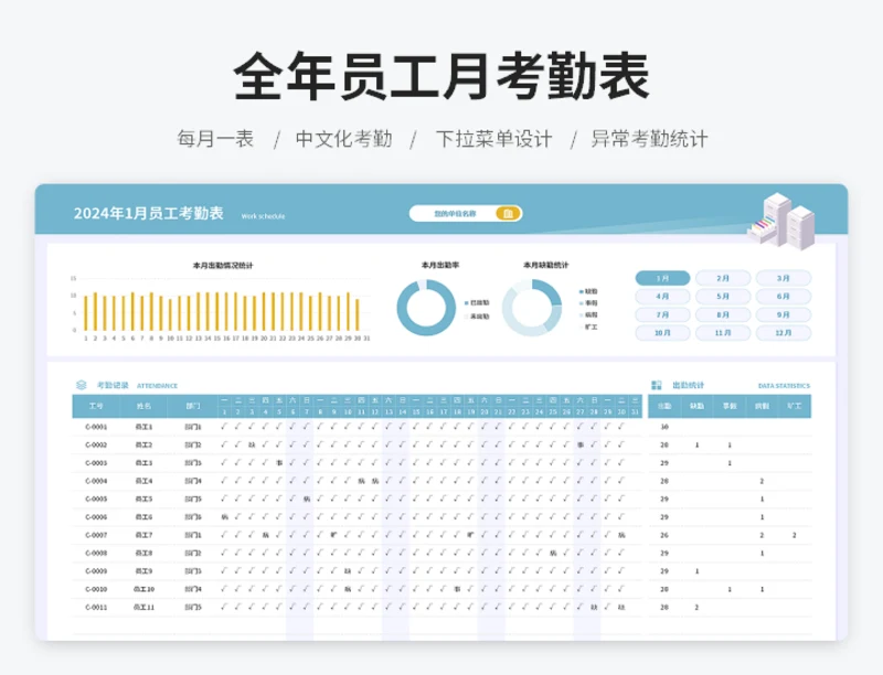 全年员工月考勤表