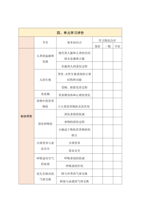 【大单元教学】人教版七年级下册（第四单元）《生物圈中的人》大单元整体教学设计