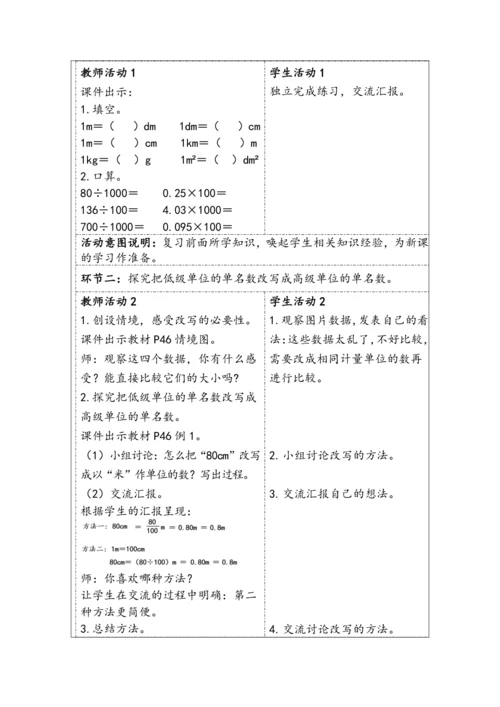 大单元教学【核心素养目标】4.7  小数与单位换算（1）（表格式）教学设计 人教版四年级下册