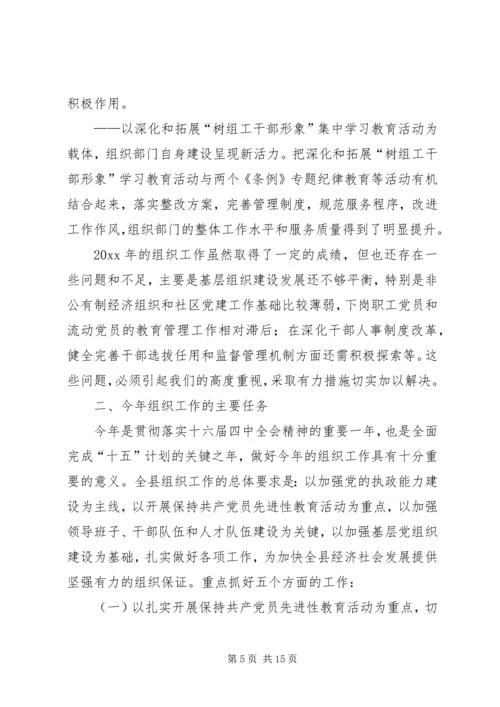 县委副书记在全县组织、老干部暨人才工作会议上的讲话精编.docx