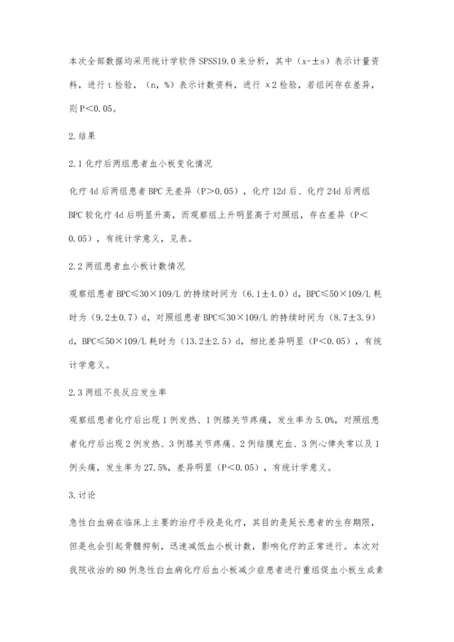 急性白血病化疗后血小板减少症应用重组人促血小板生成素治疗的效果分析.docx