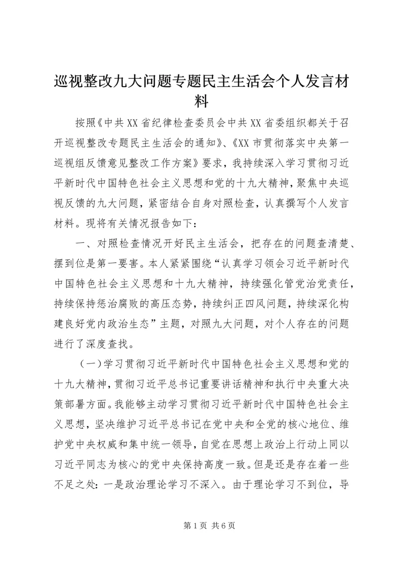 巡视整改九大问题专题民主生活会个人发言材料.docx