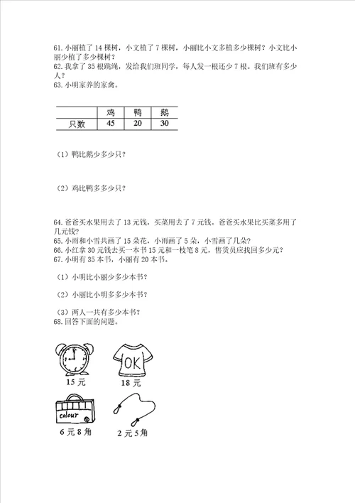 小学一年级下册数学应用题100道完整参考答案