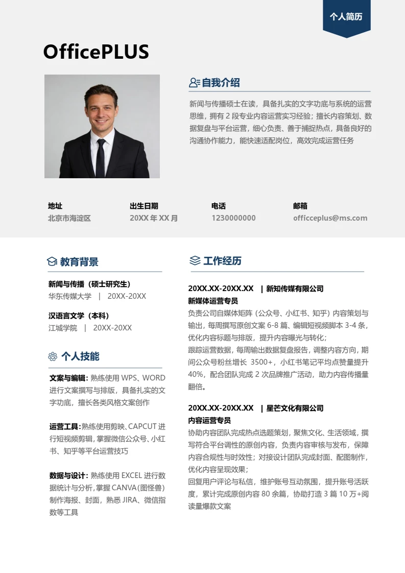 商务蓝简约毕业生互联网运营岗求职简历