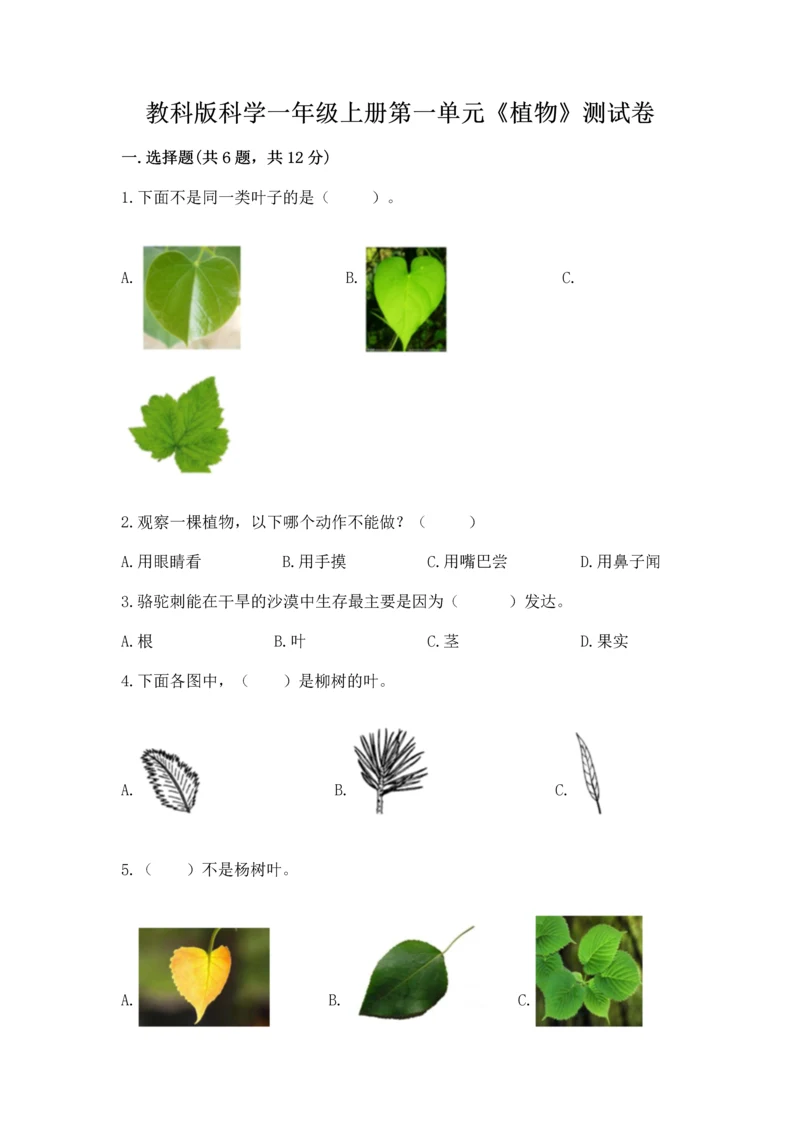 教科版科学一年级上册第一单元《植物》测试卷及答案【易错题】.docx