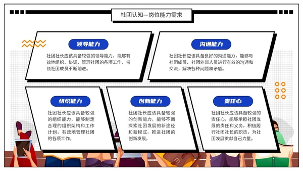 蓝橙色孟菲斯风扁平插画大学生社团竞选PPT模板