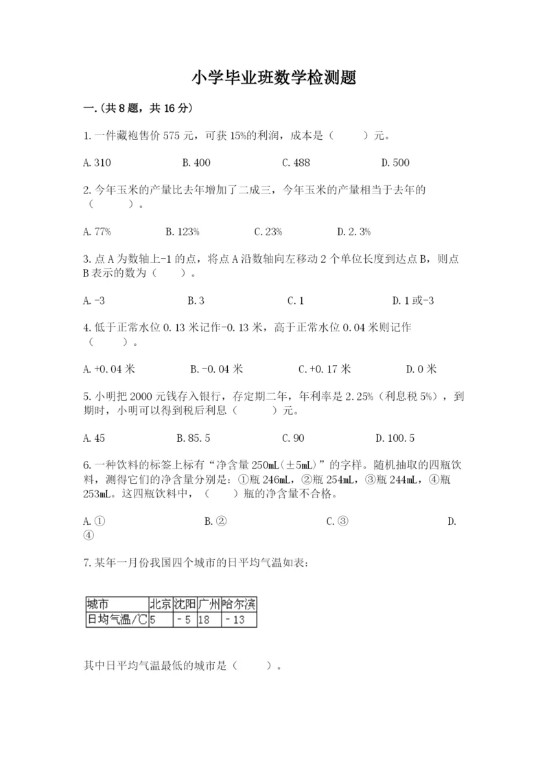 小学毕业班数学检测题附参考答案（预热题）.docx