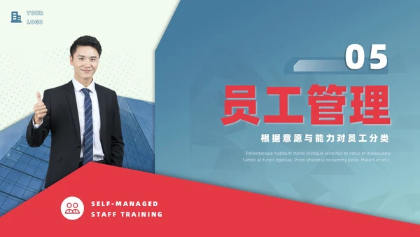红蓝色商务风创意不规则形状自我管理员工培训内容PPT