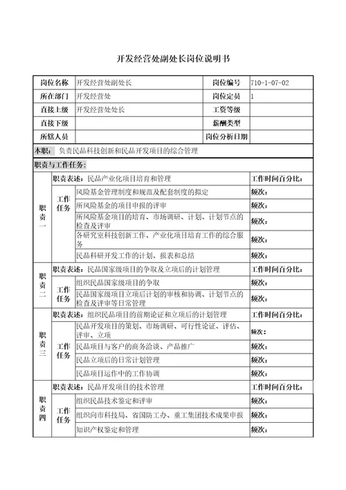 开发经营处副处长岗位说明书