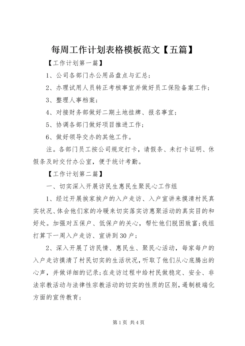 每周工作计划表格模板范文【五篇】.docx