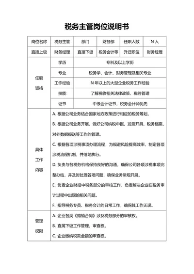 税务主管岗位说明书word模板