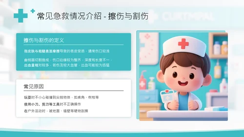 绿色插画风小学课件急救小卫士PPT