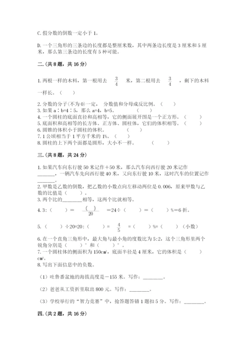 河南省平顶山市六年级下册数学期末考试试卷（典优）.docx