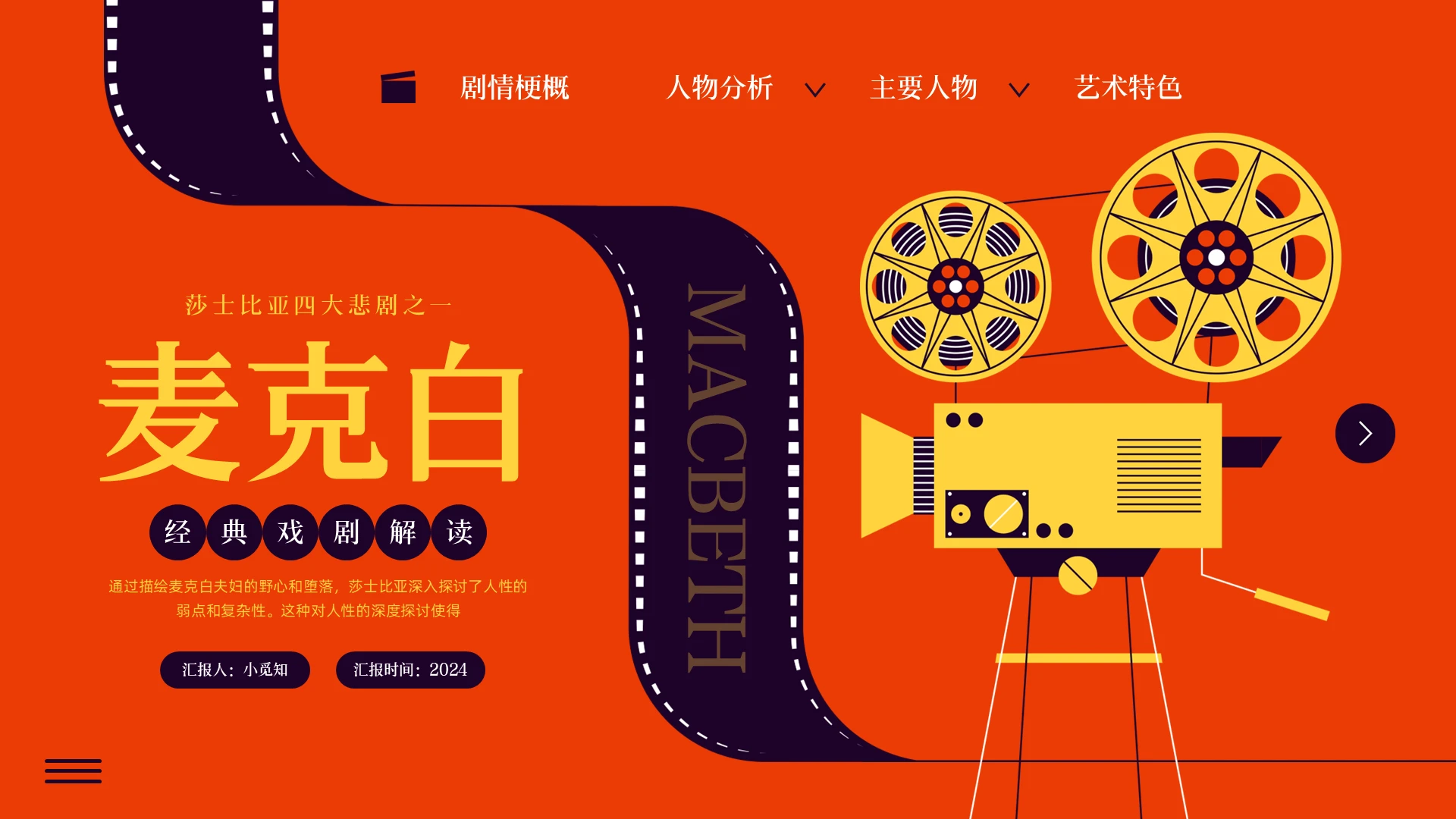 橙色插画实拍麦克白PPT模板宣传PPT动态PPT西方戏剧