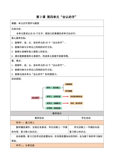 部编1A 第4单元 第2课 会认的字 教学设计