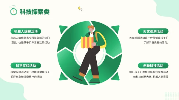 绿色插画风暑假新体验：创意活动大放送PPT模板
