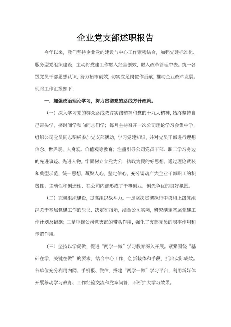 企业党支部述职报告word模板