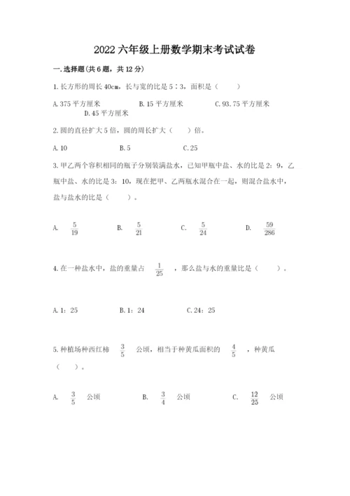 2022六年级上册数学期末考试试卷附答案（突破训练）.docx