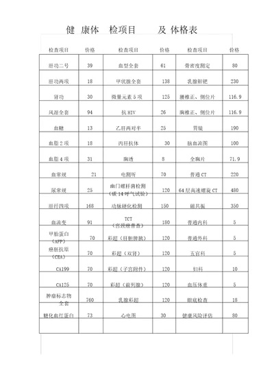 健康体检项目及体格表