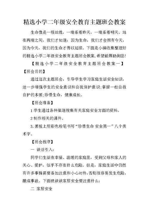 精选小学二年级安全教育主题班会教案