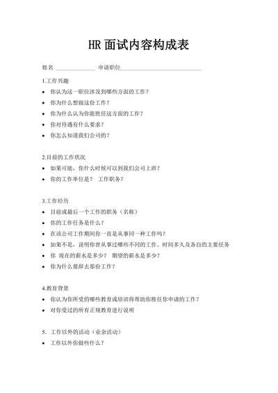 HR面试内容构成表企业招聘面试管理