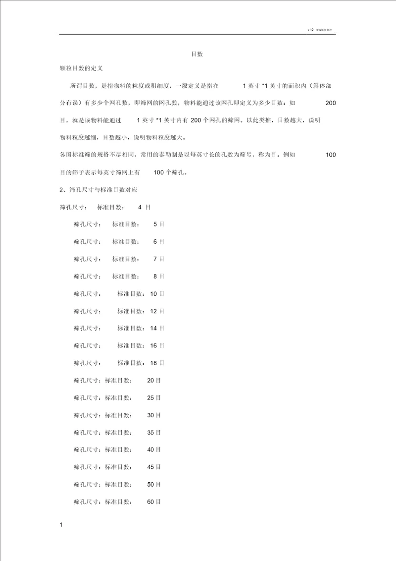 筛孔尺寸和标准目数对照表