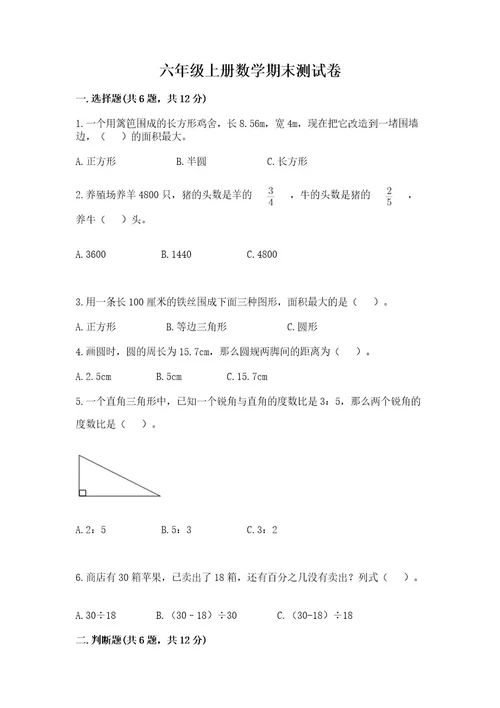 六年级上册数学期末测试卷附参考答案ab卷