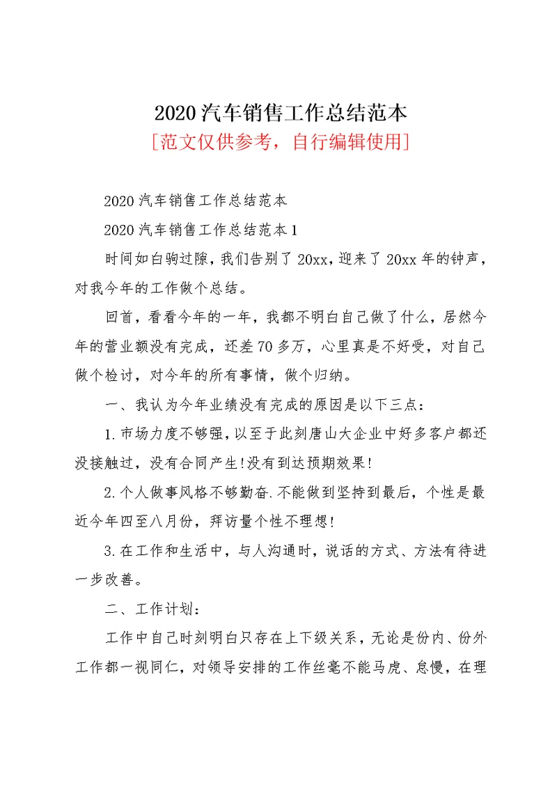 2020汽车销售工作总结范本(共27页)