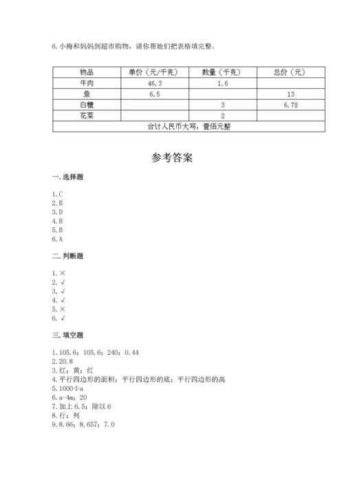 人教版小学五年级上册数学期末测试卷精品（突破训练）.docx