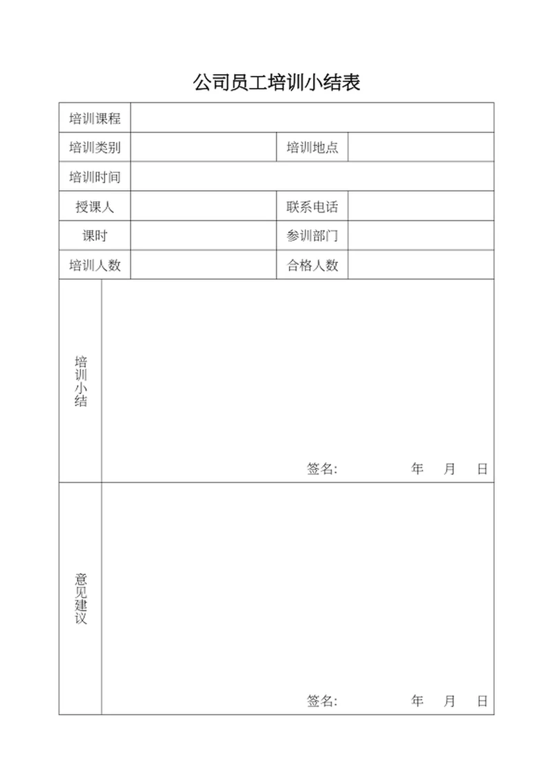 公司员工培训小结表