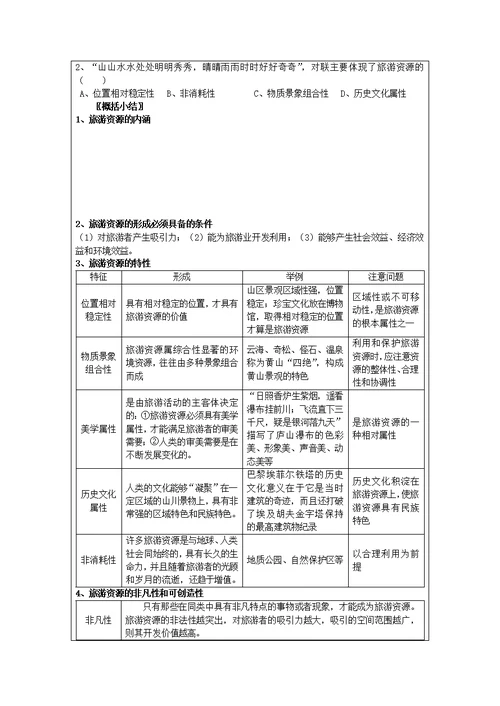 黑龙江省高中地理第一章旅游和旅游资源1.2旅游资源领学案（无解答）湘教版