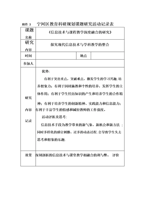 信息技术与课程教学深度融合的研究课题研究活动记录表