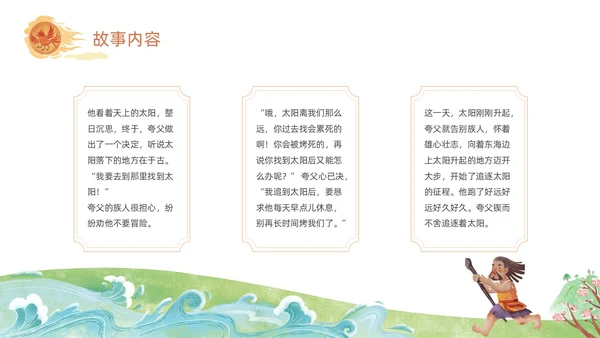 橙色绿色国潮卡通插画夸父逐日神话故事动态PPT
