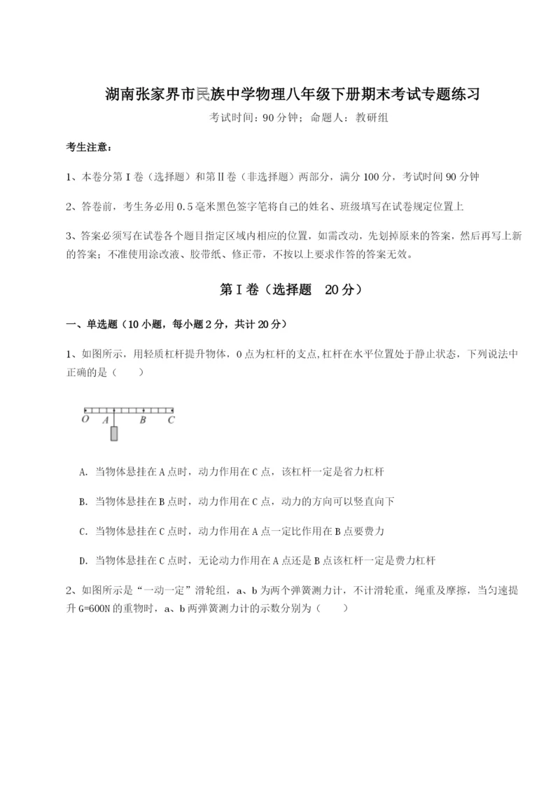 专题对点练习湖南张家界市民族中学物理八年级下册期末考试专题练习试卷（含答案详解版）.docx