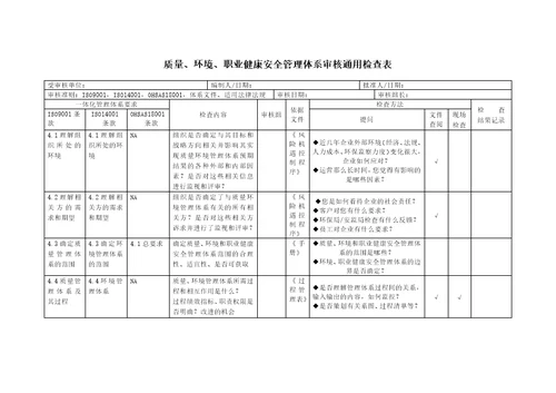 质量、环境、职业健康安全管理体系审核通用检查表共21页