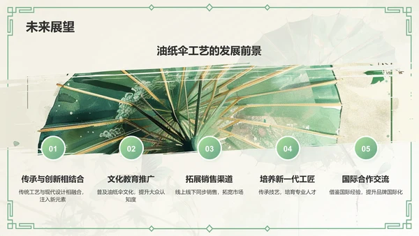 绿色水墨风油纸伞传统工艺知识普及PPT模板
