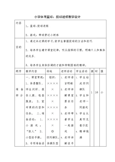 小学体育篮球：投球进框教学设计